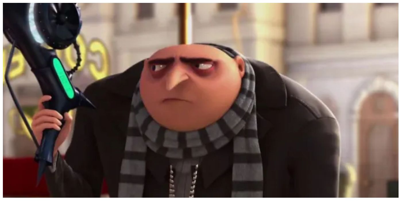Gru from the Minions franchise holding a tool