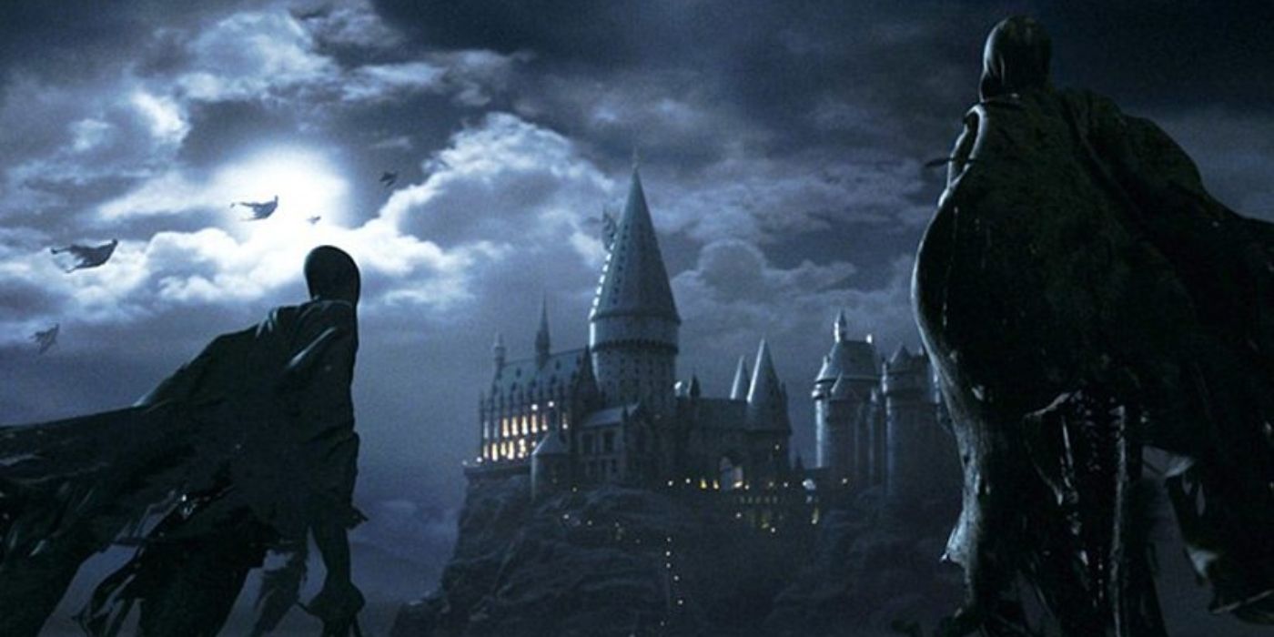 Dementors hover in the air above Hogwarts
