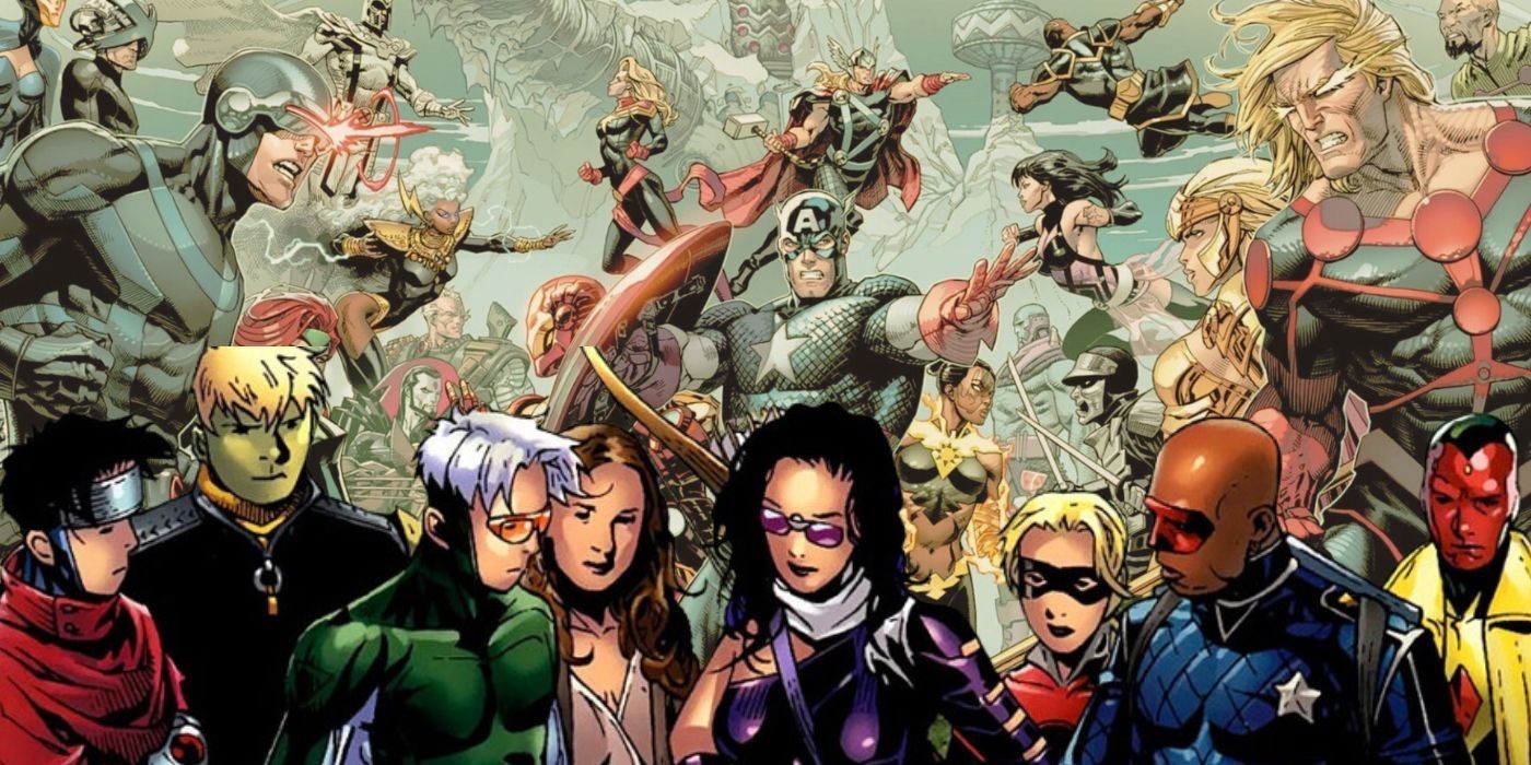The Young Avengers stand in the foreground while the Avengers battle behind them in Marvel Comics