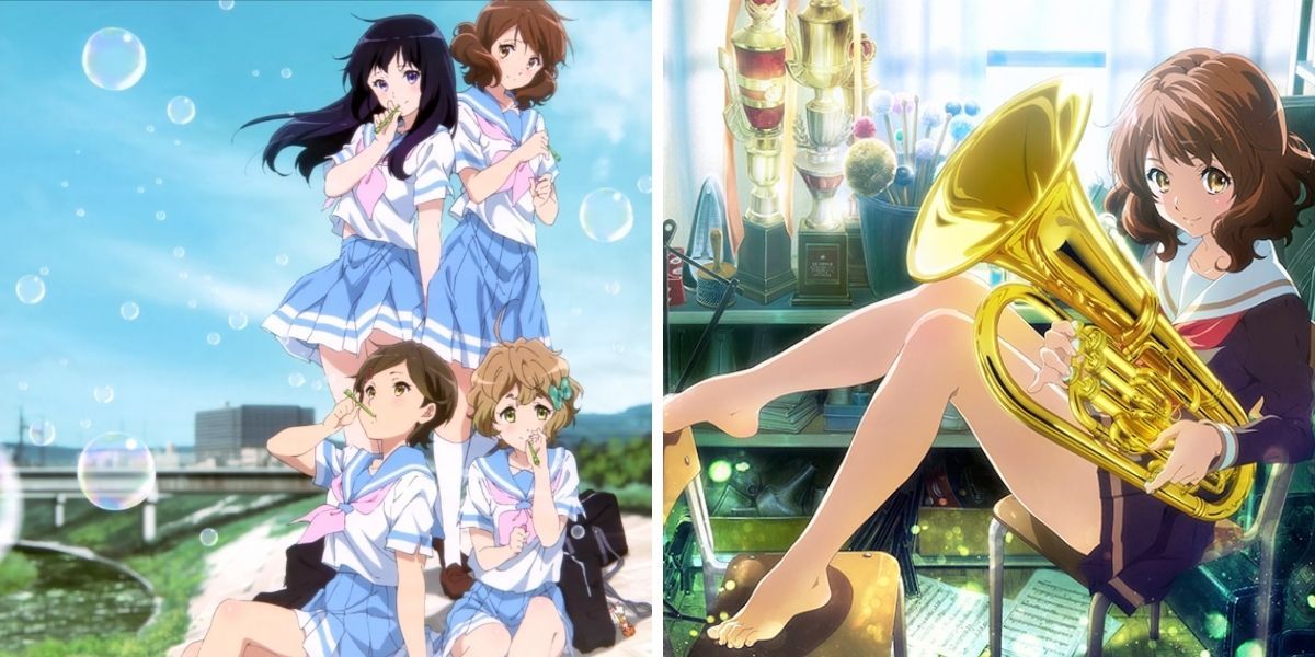 Kumiko, Reina, Hazuki, and Sapphire in their spring/summer uniforms; Kumiko in her winter uniform holding her euphonium (Hibike! Euphonium)