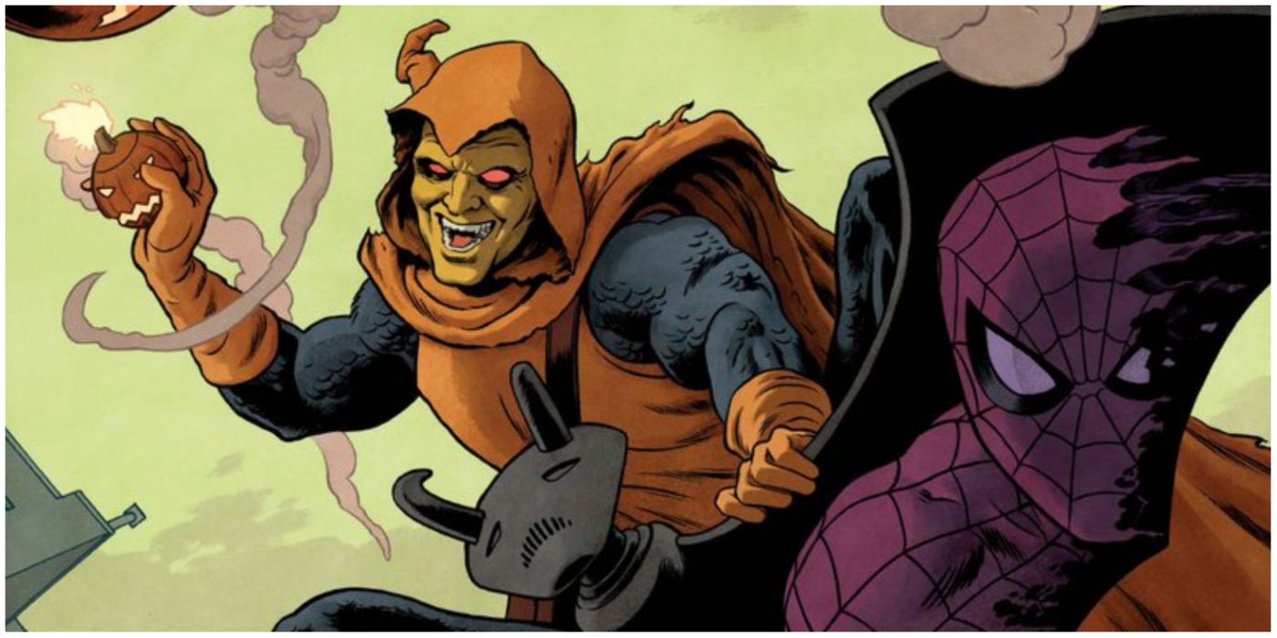 Hobgoblin gliding with Spider-Man drawn on glider in Marvel comics