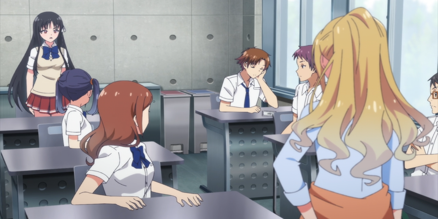 Horikita and Karuizawa argue while Ayanokoji ignores them in Classroom of the Elite