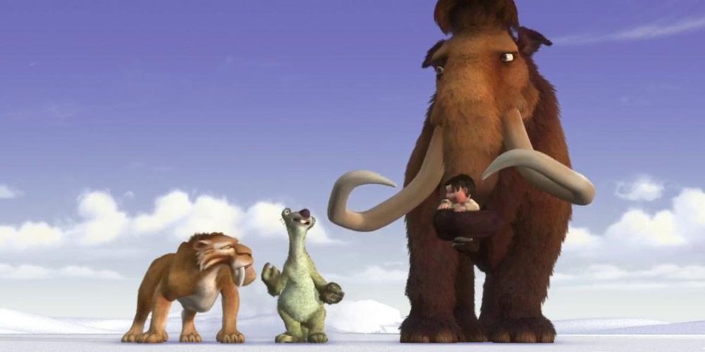 The heroes of Ice Age: Diego, Sid, and Manny, on an icy field.