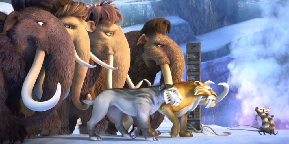 Crash and Eddie walk forward with smiles while the Ice Age heroes look grim