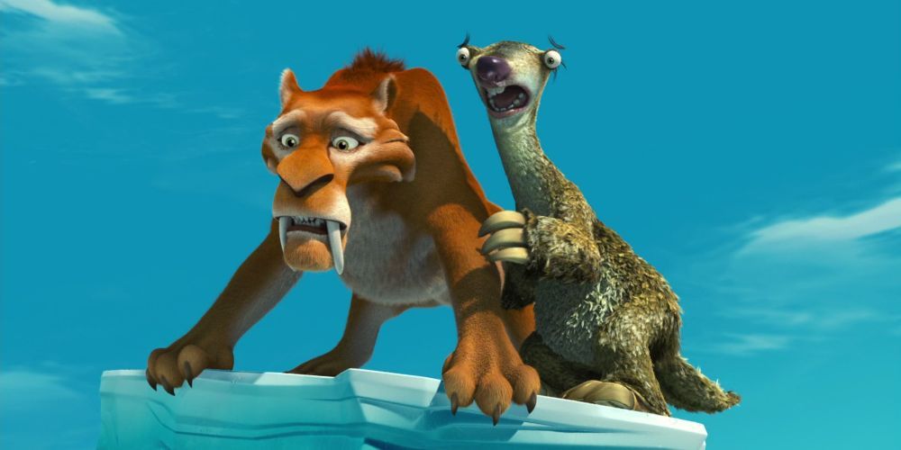 Ice Age's Diego and Manny looking scared balanced on a broken piece of ice