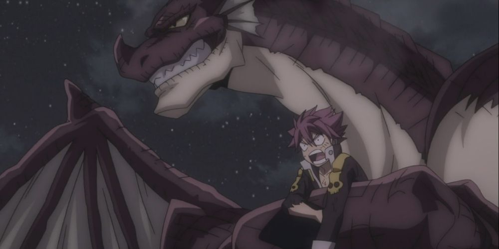 Igneel holding a yelling Natsu in Fairy Tail