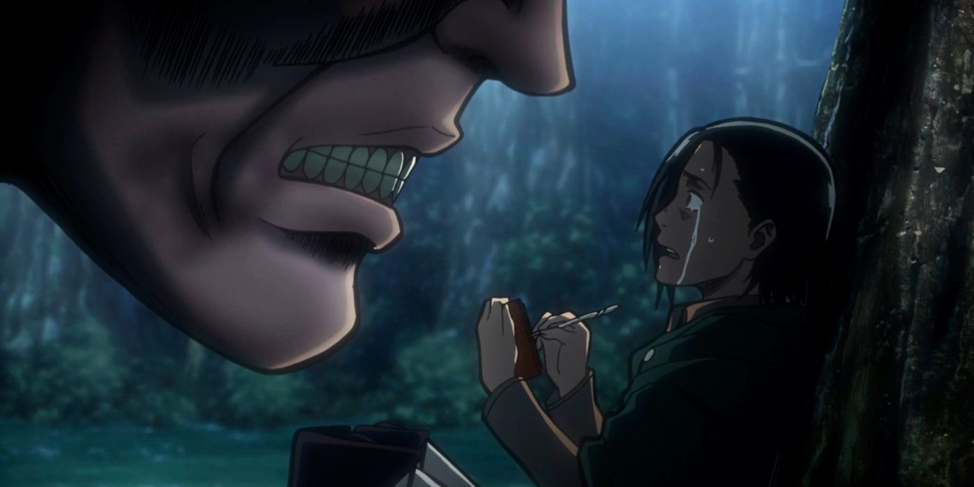 Ilse crying and writing in her journal in front of a Titan in Attack On Titan.