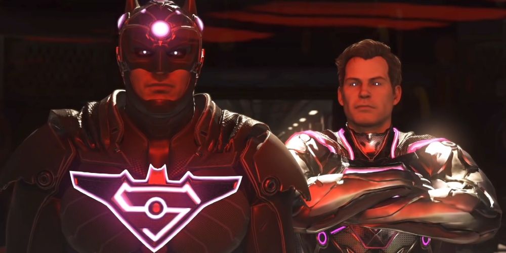 A brainwashed Batman standing next to a victorious Superman in the bad ending to Injustice 2 video game