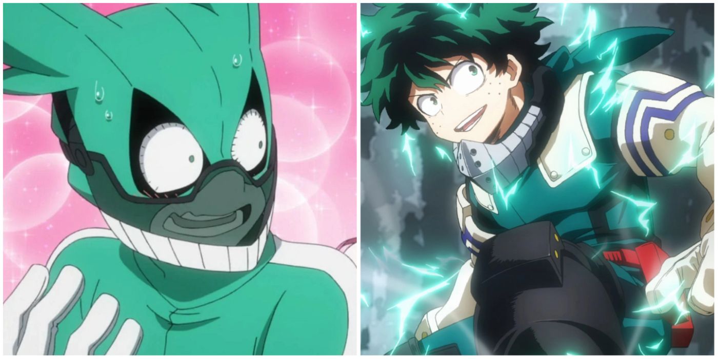 Split image of Izuku Deku Midoriya with his original hero outfit to the left and new hero outfit on the right.
