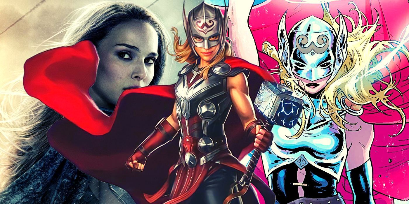 A split image of the MCU's Jane Foster, Jane Foster as Valkyrie in Marvel Comics, and Jane Foster as The Mighty Thor
