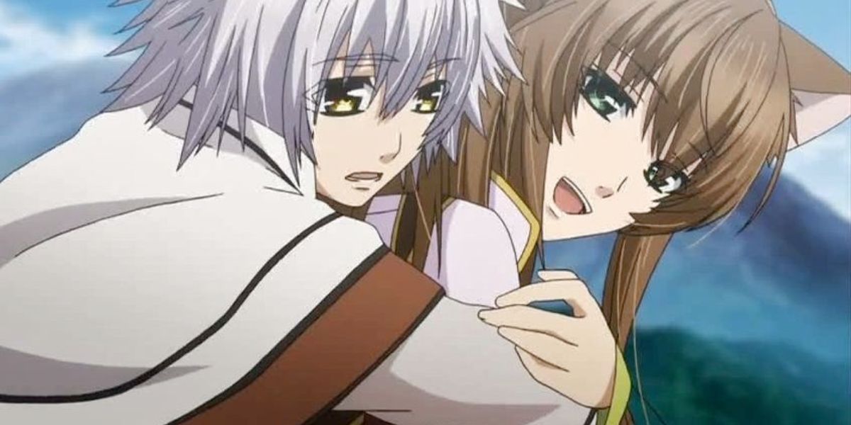 Image features a visual from Juuza Engi: (From left to right) Ryubi (silver hair and white coat) is hugging Kanu (long, brown hair and fox/cat ears) from behind.