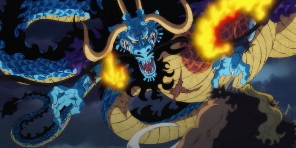 A One Piece image shows Kaido launching an attack in his dragon form.