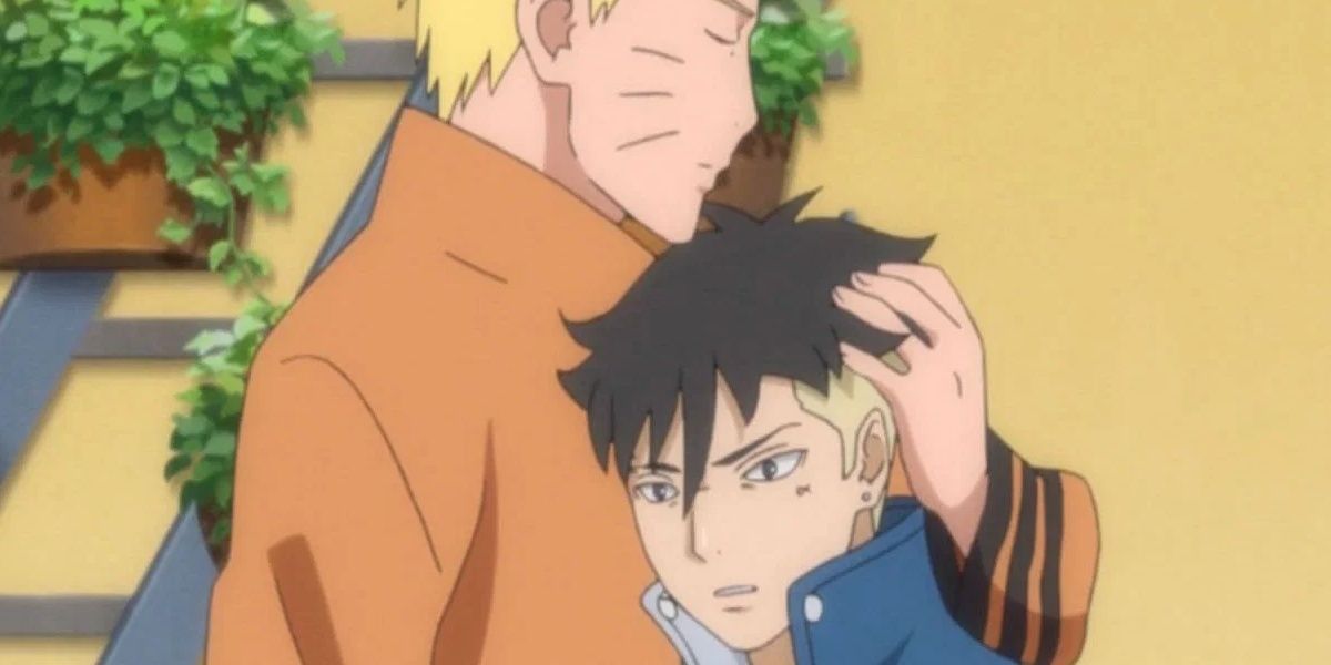 Naruto hugging a stunned Kawaki in Boruto