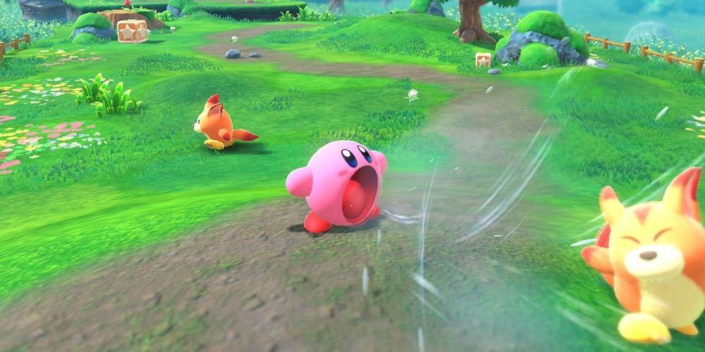 Kirby using his sucking powers in Kirby and the Forgotten Land.