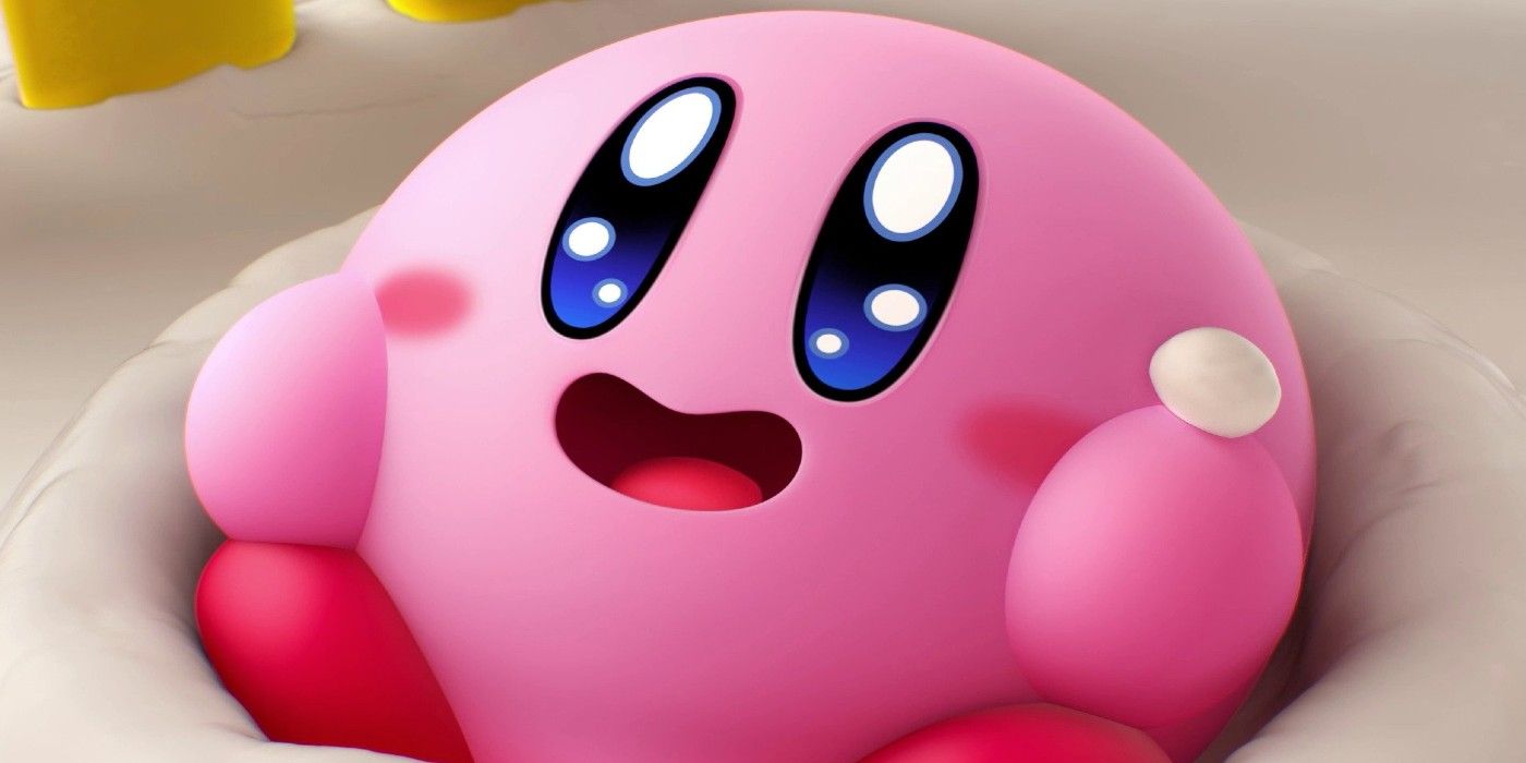 Screenshot depicting a hungry Kirby with sparkly eyes, as seen in Kirby's Dream Buffet.