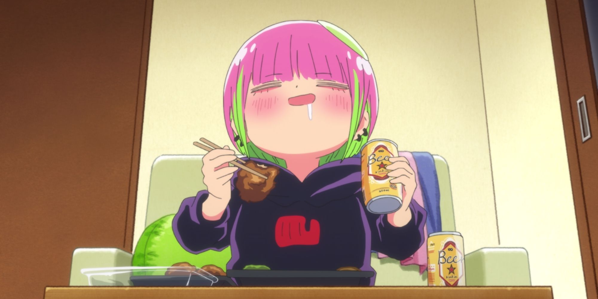 Kawashiri smiles with fried chicken in one hand and beer in the other in I'm Kodama Kawashiri.