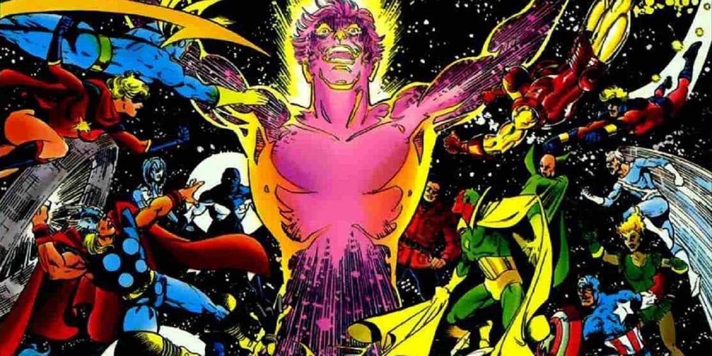 Korvac battles the Avengers in space in Marvel Comics