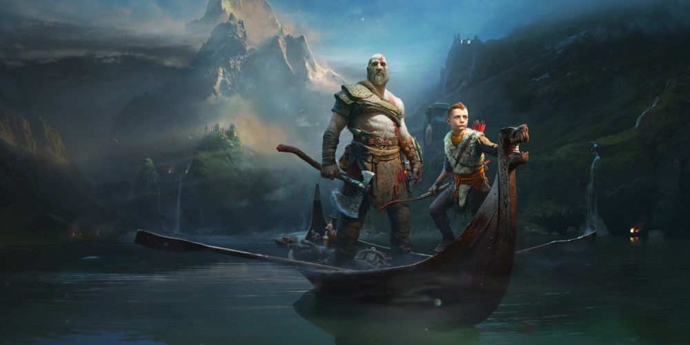 Kratos and Atreus aboard their boat in art for God of War PS4
