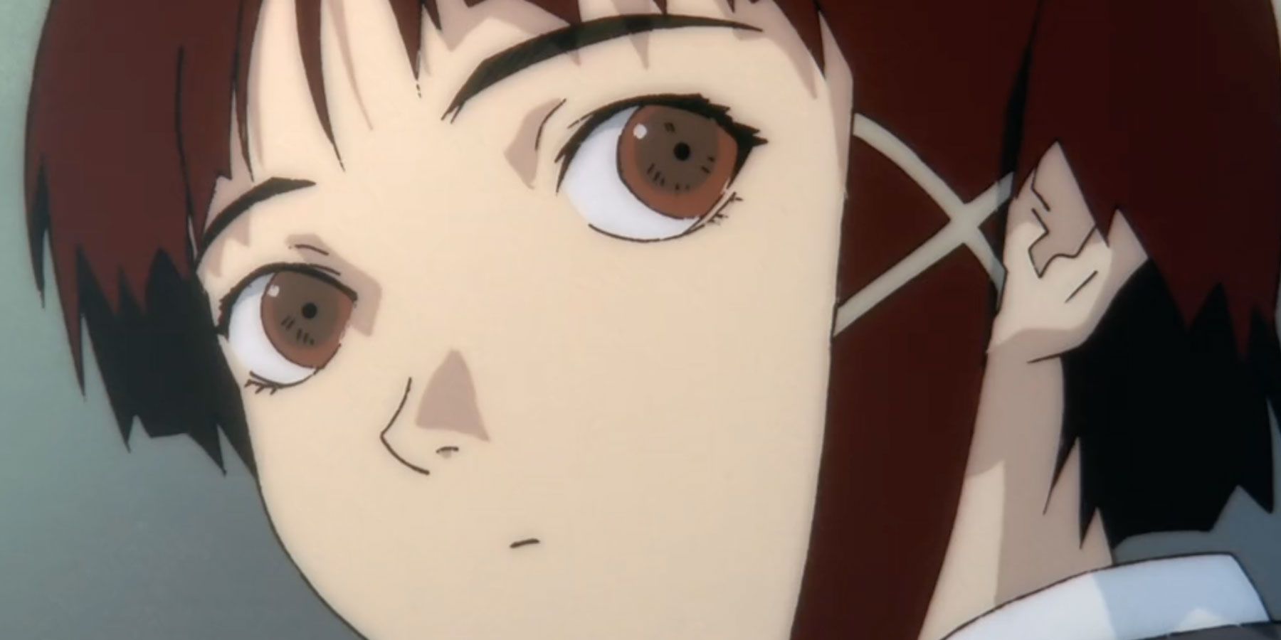 Lain looking over her shoulder in Serial Experiments Lain.