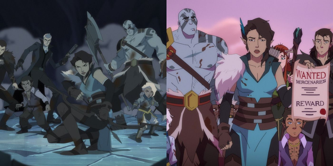 Legend of Vox Machina fighting dragon (left); Vox Machina beat up holding a wanted poster (right)