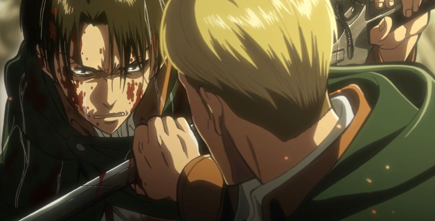 Levi's bloodied face stares down Erwin who grips a blade in Attack On Titan.