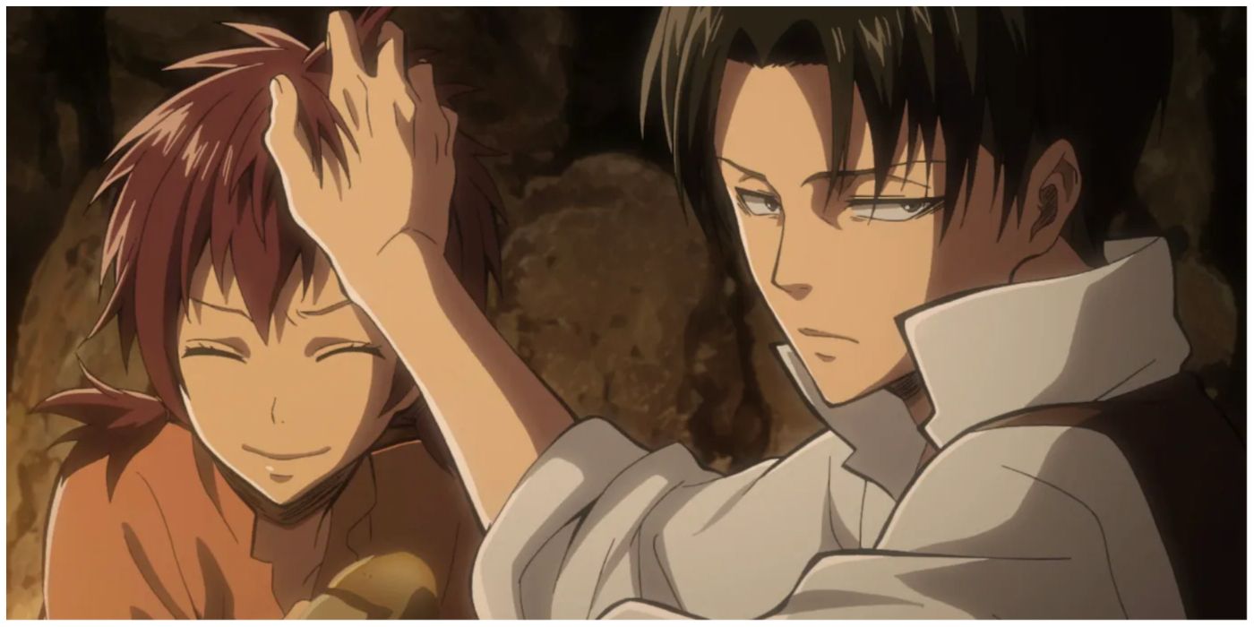 Levi ruffling Isabel's hair in Attack On Titan.