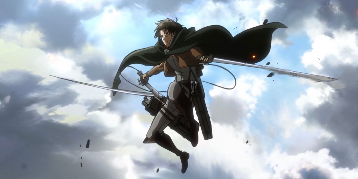 Levi in the air with his ODM gear in Attack On Titan.