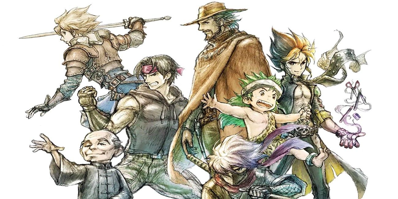 Cropped image of Live A Live's official artwork, featuring six out of seven protagonists.