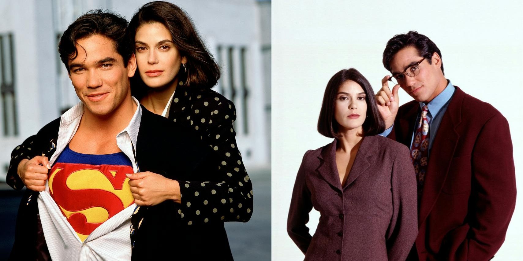 Lois & Clark split image – Promotional photos of Dean Cain and Teri Hatcher looking at the camera