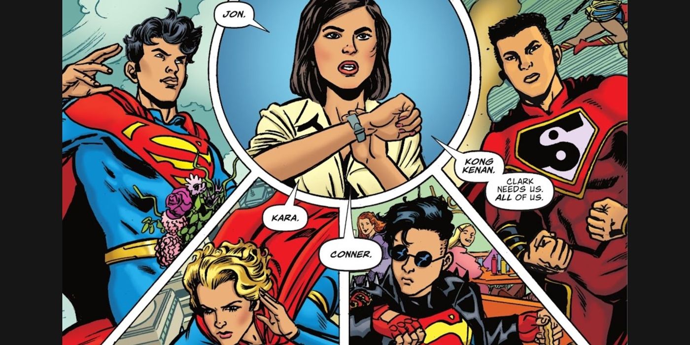 Lois calls the Superman Family - Jon Kent, Supergirl, Conner Kent, and New Super-Man