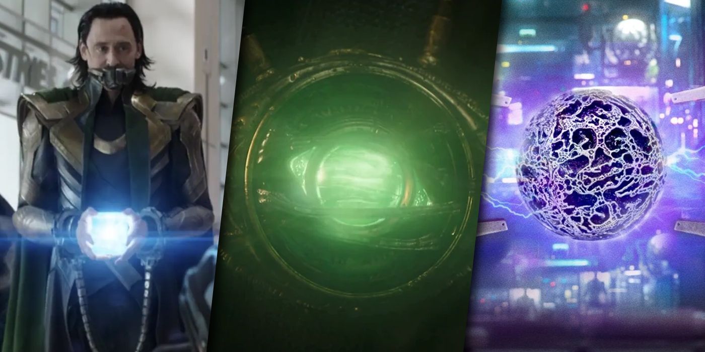 Loki with the Tesseract, the Eye of Agamotto and the Orb split image