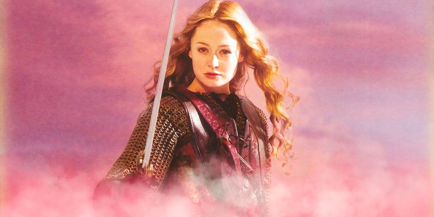 Eowyn from Lord of the Rings holding a sword against a pink background.