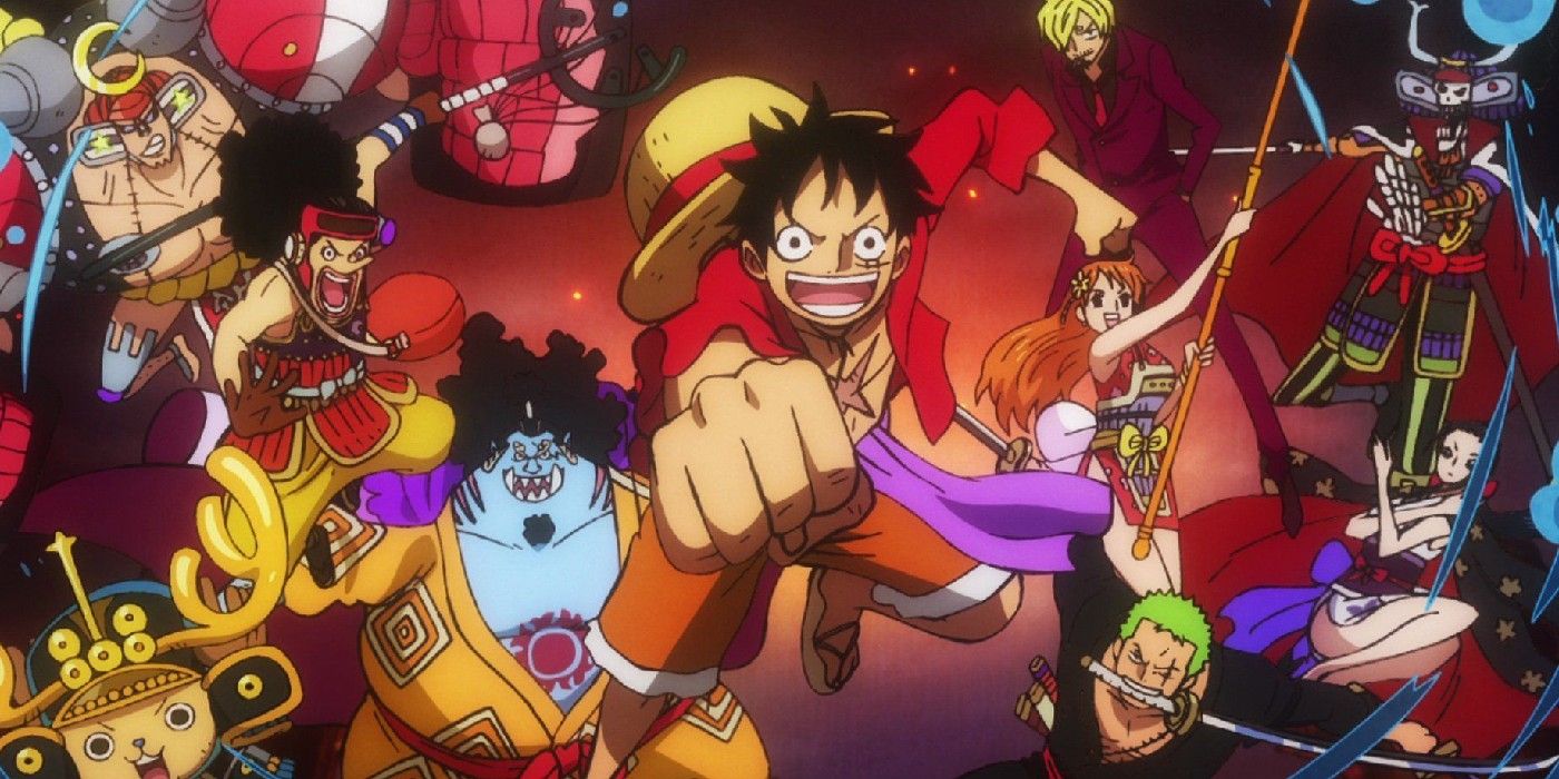 Luffy leads his friends in One Piece.