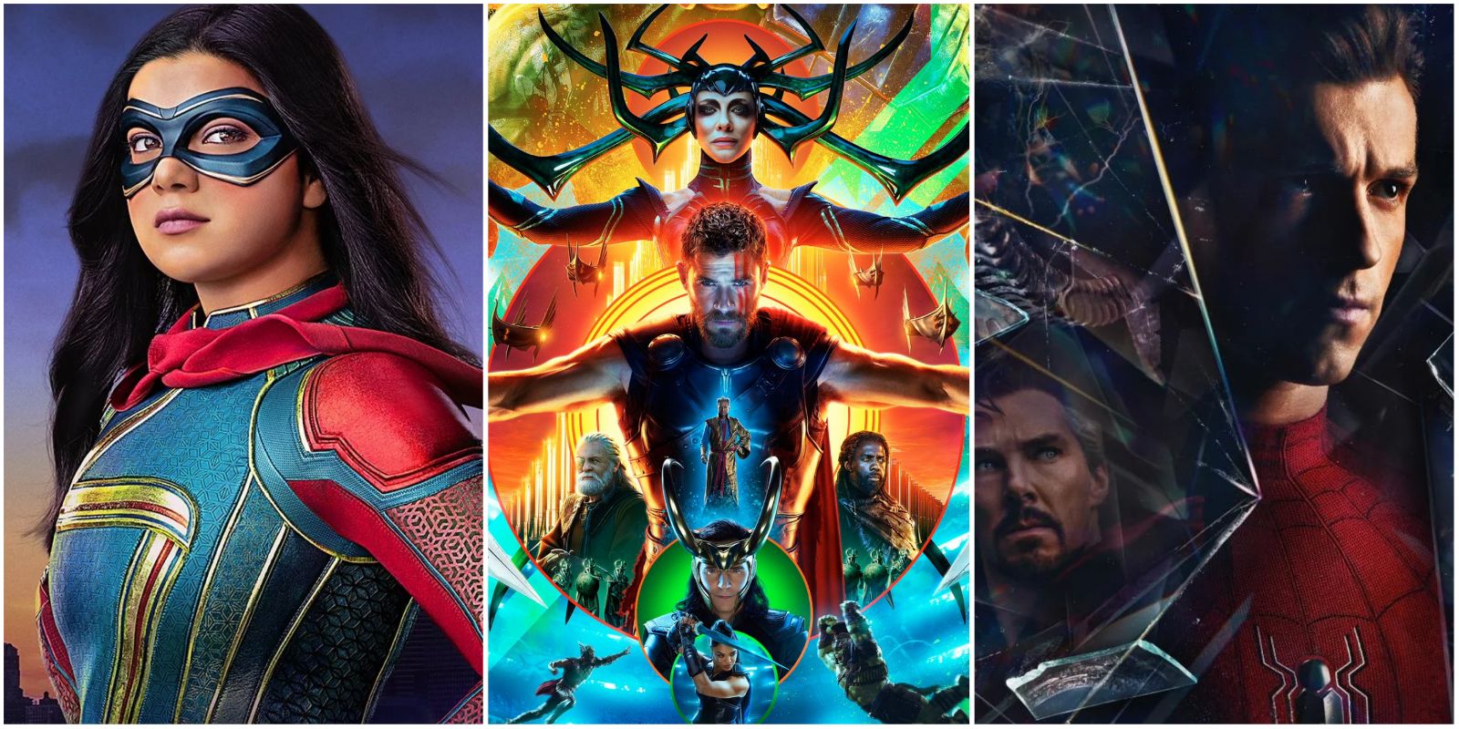 Three images showing Ms. Marvel, the poster for Thor Ragnarok, and the poster for Spider-Man: No Way Home