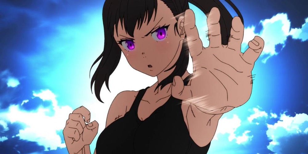 Maki Oze gesturing fiercely in Fire Force.