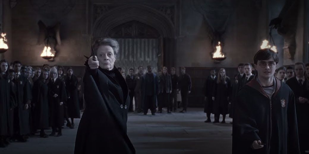 McGonagall and Harry face off with Snape in the Great Hall in Harry Potter and the Deathly Hallows: Part 2.