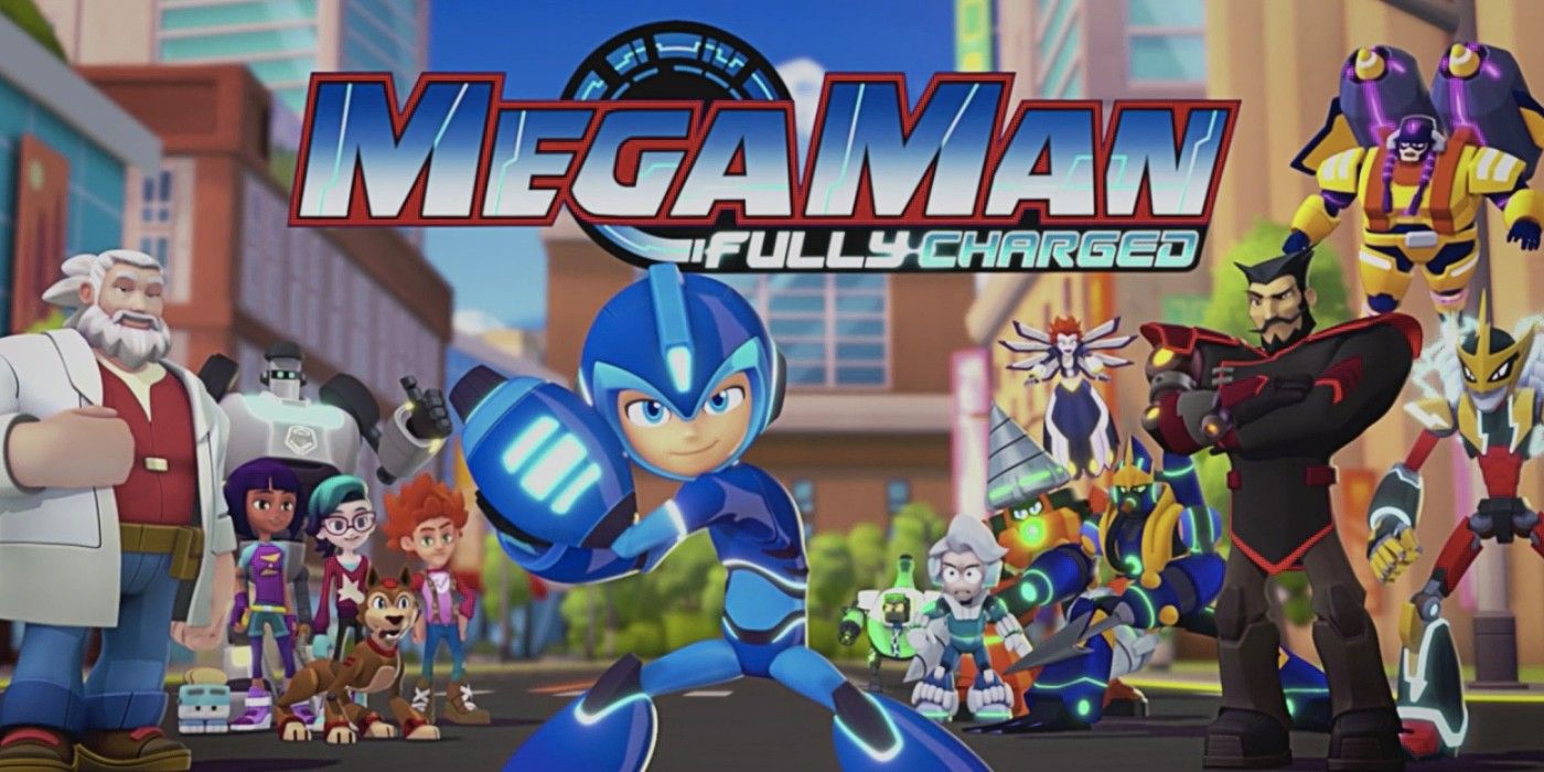 The full cast of the cartoon, with Mega Man front and center