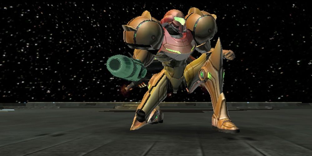 Samus Aran em cima de uma nave espacial no jogo Metroid Prime