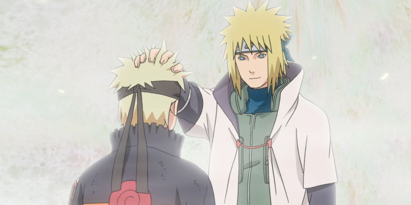 Minato patting Naruto's head in Naruto.