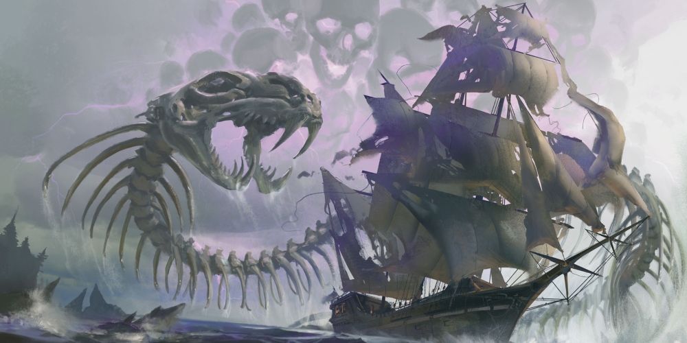 An undead sea serpent wrapping itself around a ship in DnD