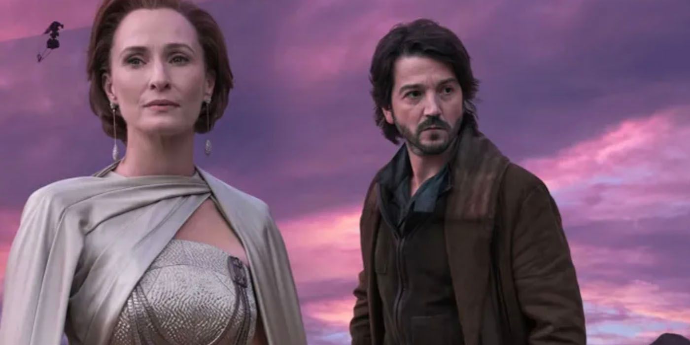 Mon Mothma and Cassian Andor side by side with purple background. 