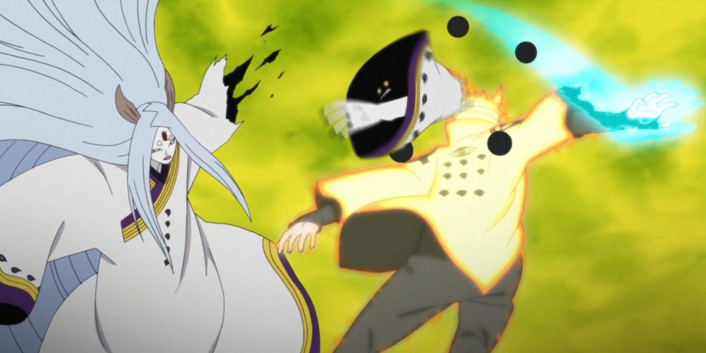 Naruto Defeats Kaguya In Naruto Shippuden by tearing off her arm.