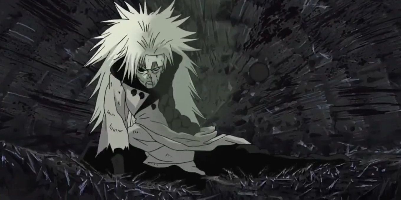 Madara crawling across the ground near death in Naruto Shippuden