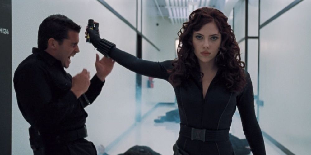 Natasha Romanoff pepper spraying a security guard in Iron Man 2.