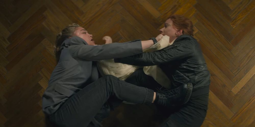 Natasha Romanoff and Yelena Belova choking each other unconscious in Black Widow