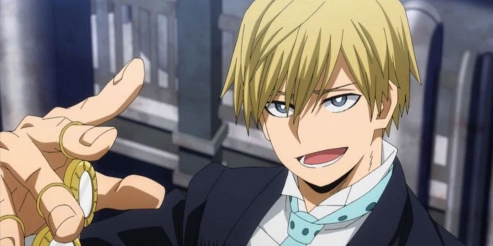 Neito Monoma posing in his hero outfit in My Hero Academia.