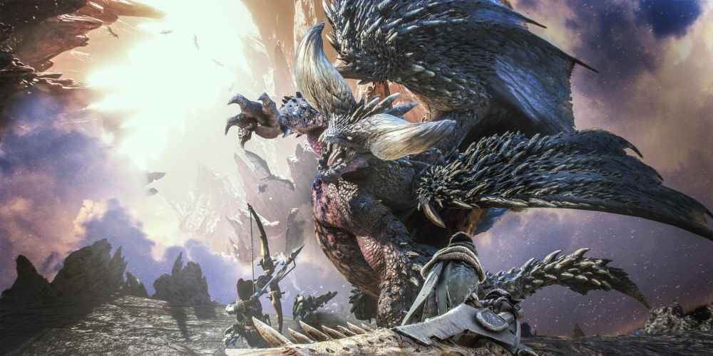 A hunter facing Nergigante with a bow in Monster Hunter: World game