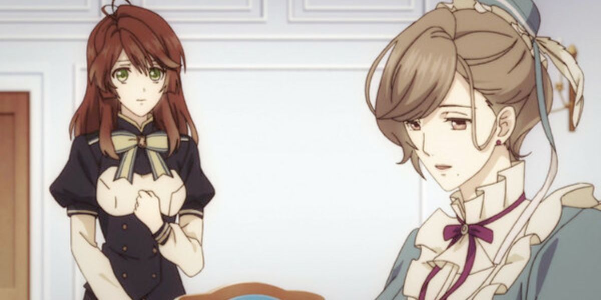 Image features a visual from Nil Admirari no Tenbin (The Scales of Nil Admirari ~The Mysterious Story of Teito~): (From left to right) Tsugumi Kuze (long, brown hair and black and white uniform) is talking with a young woman (brown hair in a bun and green dress).