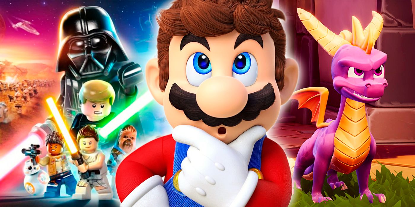 Collage featuring Super Mario, Spyro and LEGO Star Wars: The Skywalker Saga artwork.