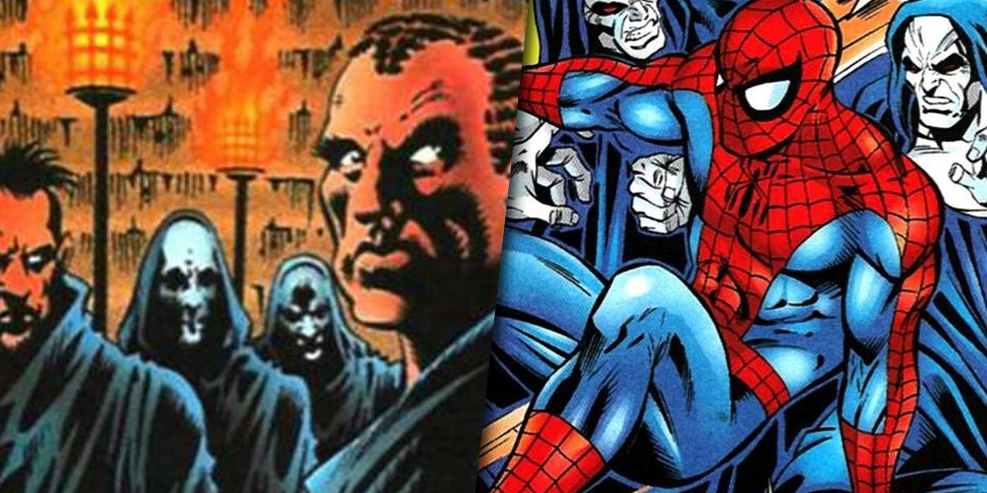 Norman Osborn and the Cabal of Scriers fighting Spider-Man split image